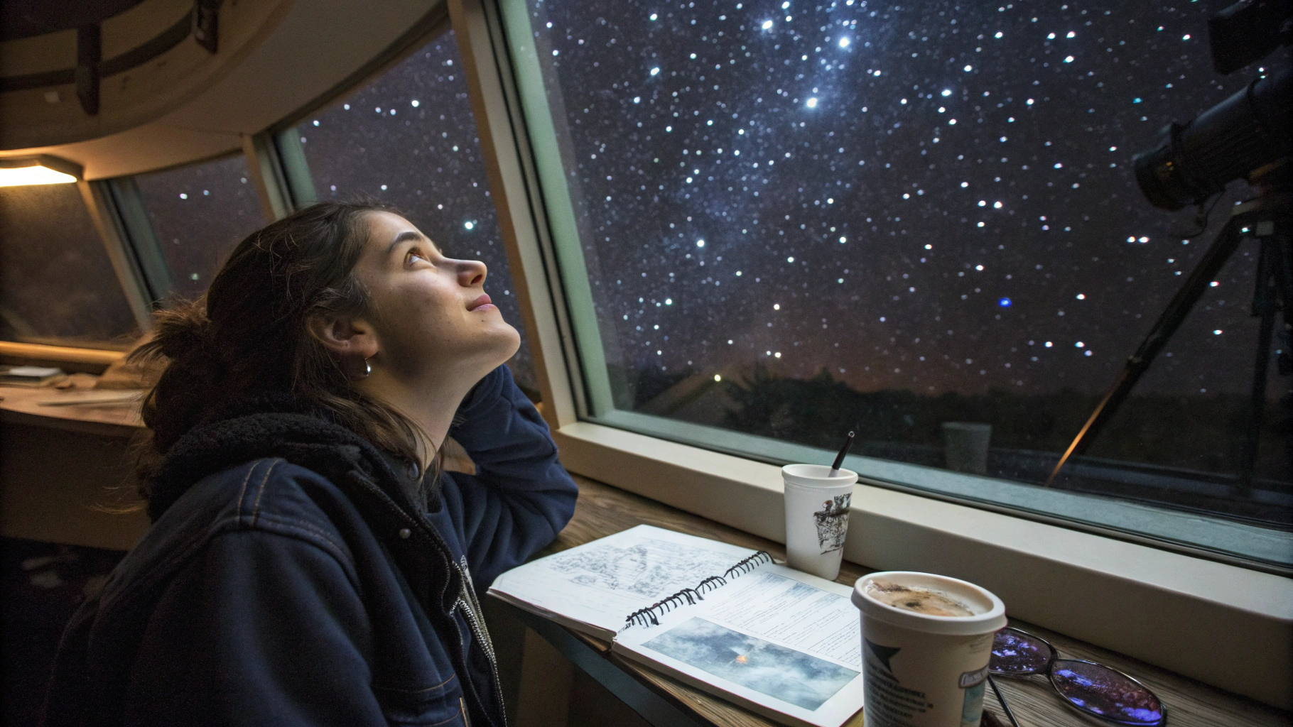 若い女性が大きな窓から星空を見上げています。窓辺にはノートと飲み物が置かれています。背景には望遠鏡が見えます。