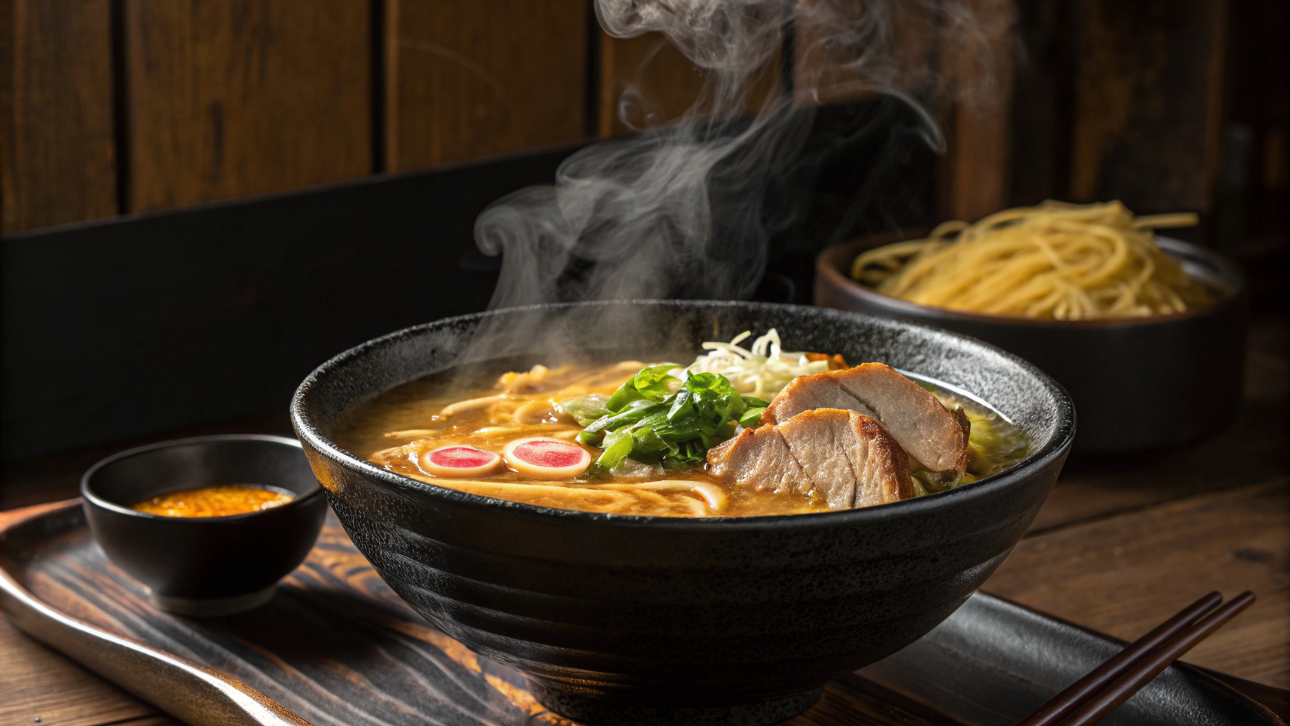 湯気を立てているラーメンの丼。麺、チャーシュー、ネギ、かまぼこ、そして香辛料が添えられている。