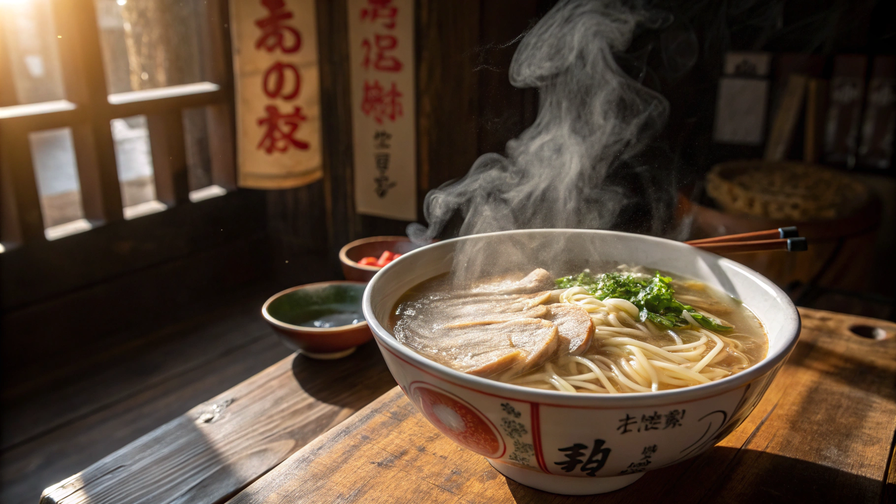 湯気が立ち上るラーメンの丼。麺の上にはチャーシューとネギが乗っている。丼の横には紅ショウガと醤油と思われる小皿が置かれている。背景には窓と暖簾が見える。