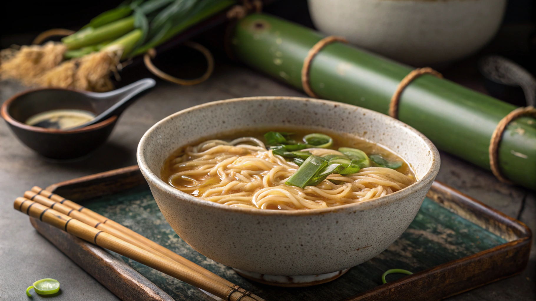 ネギを添えたラーメンの入った丼。箸とネギ、醤油の入った小皿がそばに置いてある。