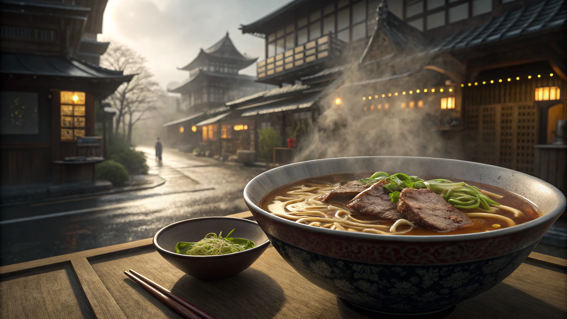 湯気の立つ牛肉麺の入った丼が、雨の日の日本の街並みを背景に置かれています。薬味が添えられ、箸が丼の横に置かれています。