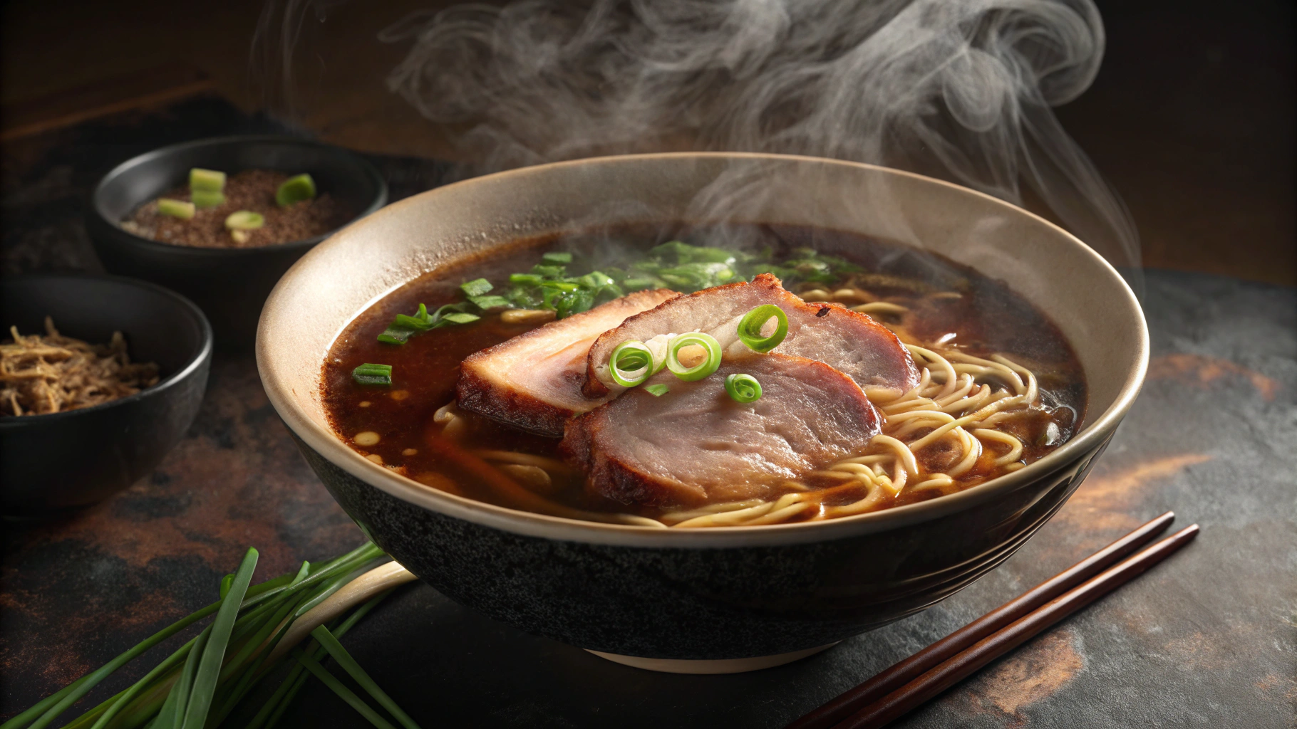 湯気を立てているラーメンの丼。丼の中にはスープ、麺、チャーシュー、ネギが入っている。背景には小皿に入った薬味が見える。