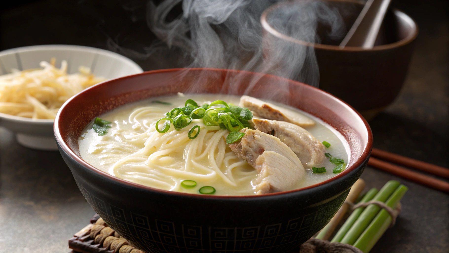 湯気の立つ丼に入った鶏肉と麺のスープ。ネギが添えられています。