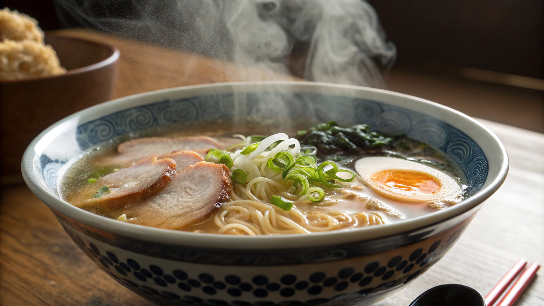 湯気の立つラーメンの丼。麺、チャーシュー、ネギ、半熟卵、海苔がトッピングされている。