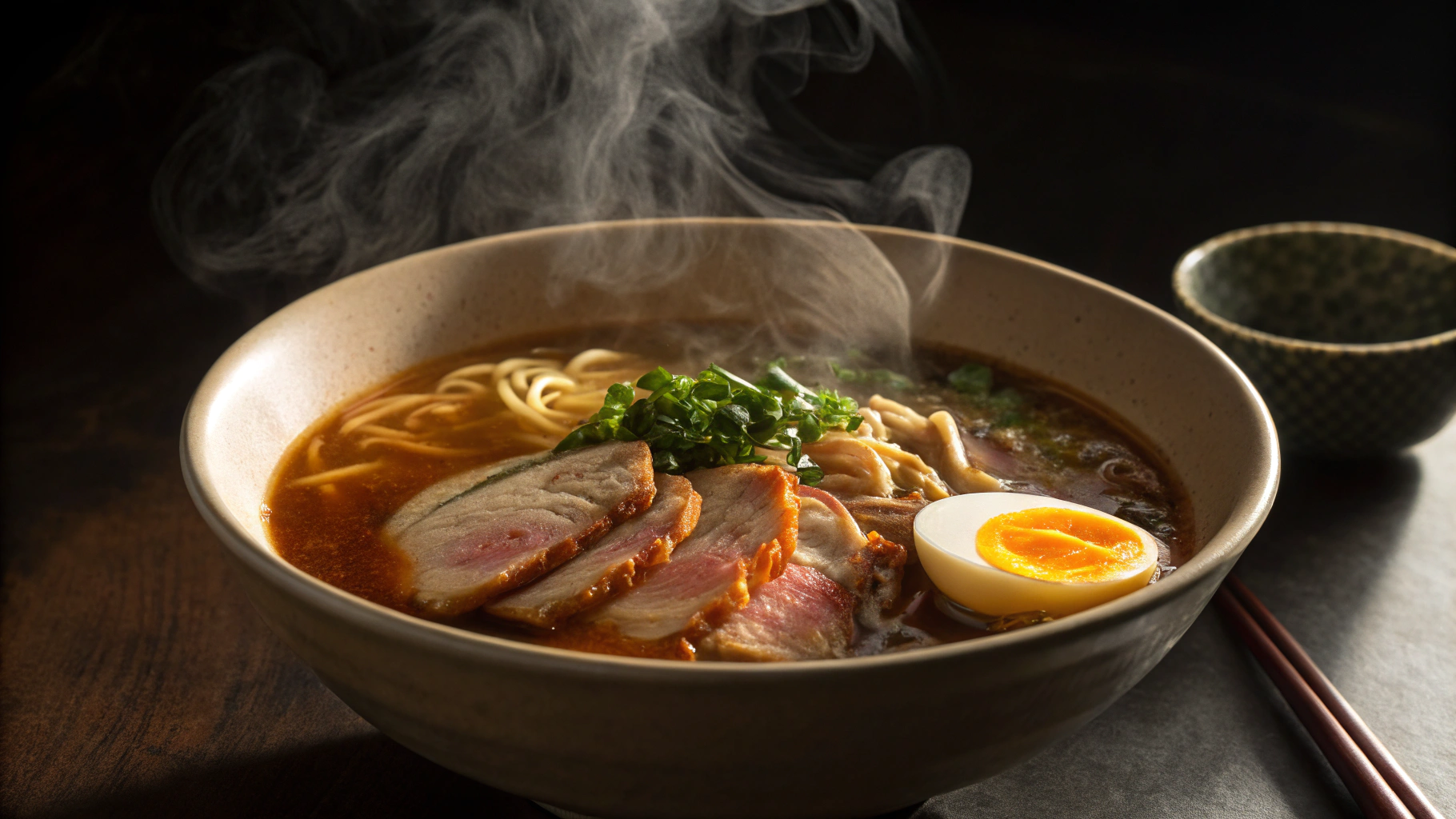 湯気を立てるラーメンの丼。麺、チャーシュー、卵、青菜などの具材が入り、食欲をそそる。