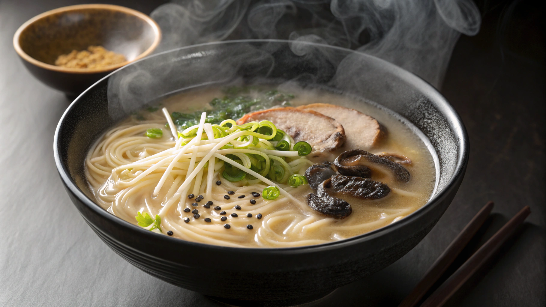 湯気を立てているラーメンの丼。麺、肉、きのこ、ネギ、青菜などの具材がのっている。背景には箸と調味料が見える。